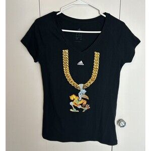 ADIDAS Miami Hurricanes V-Neck Black T-Shirt W/Sebastian Mascot Chain Sz L